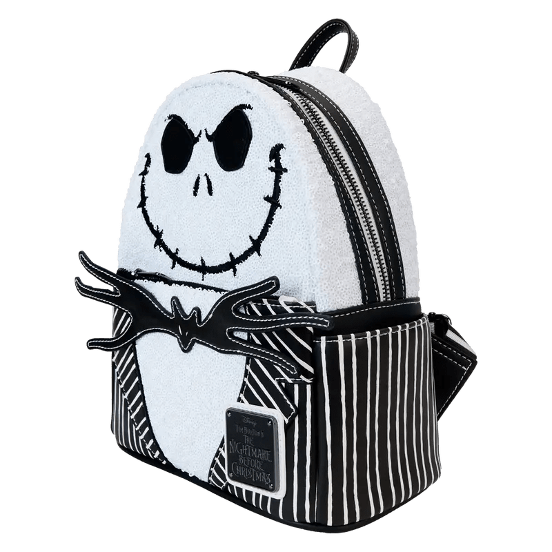 Front view of Loungefly Jack Skellington Sequin Mini Backpack with shimmering skeleton design