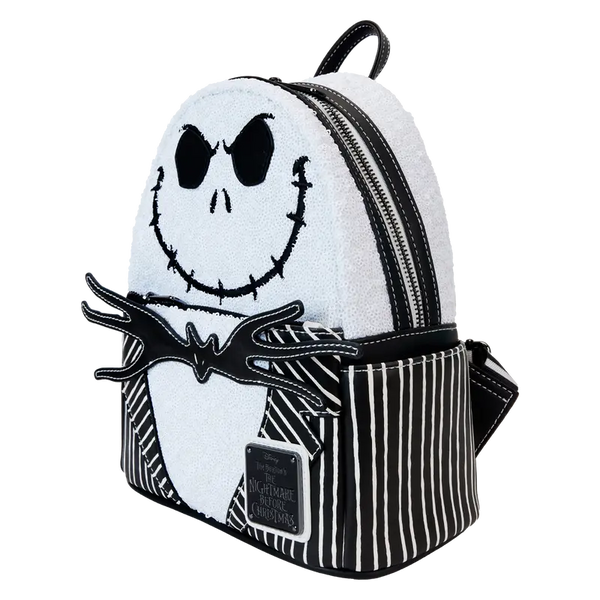 Front view of Loungefly Jack Skellington Sequin Mini Backpack with shimmering skeleton design