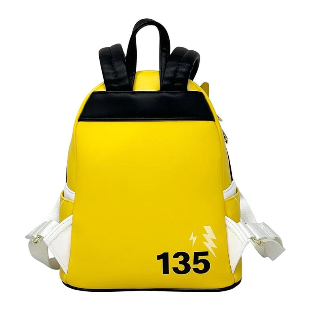 Yellow backpack with black top section and number 135 on a white background