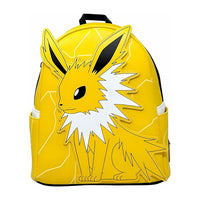 Yellow backpack with a cartoon character design on a white background