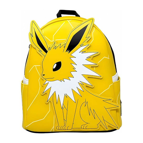 Yellow backpack with a cartoon character design on a white background