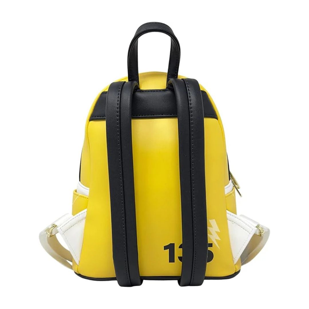 Yellow backpack with black straps on a white background