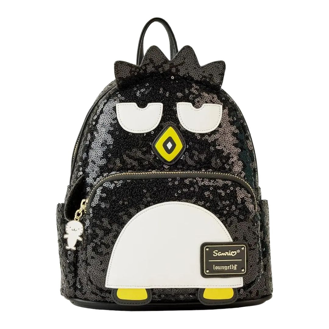 Black sequined backpack with cartoon character design on a white background