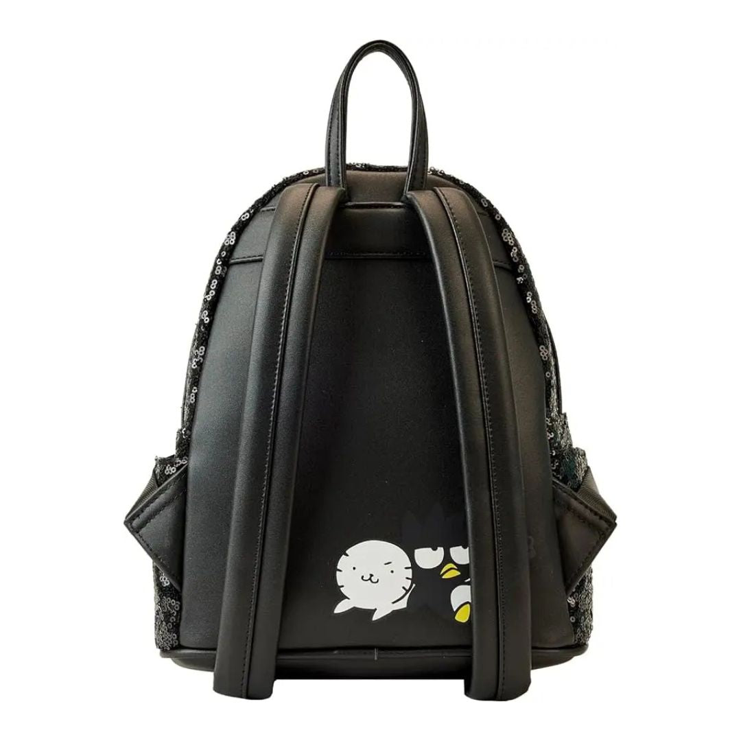 Black backpack with a cartoon design on a white background