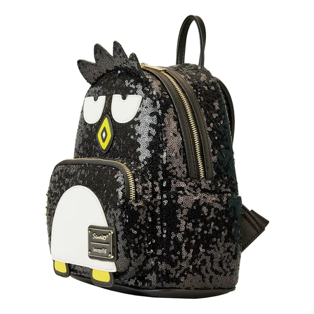 Black sequin backpack with cartoon character face on a white background