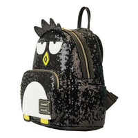 Black sequin backpack with cartoon character face on a white background