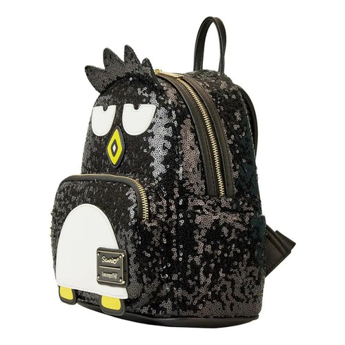 Black sequin backpack with cartoon character face on a white background