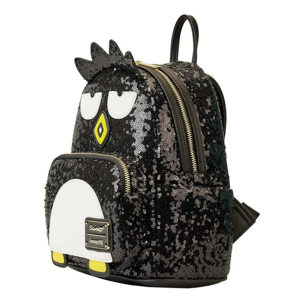 Black sequin backpack with cartoon character face on a white background
