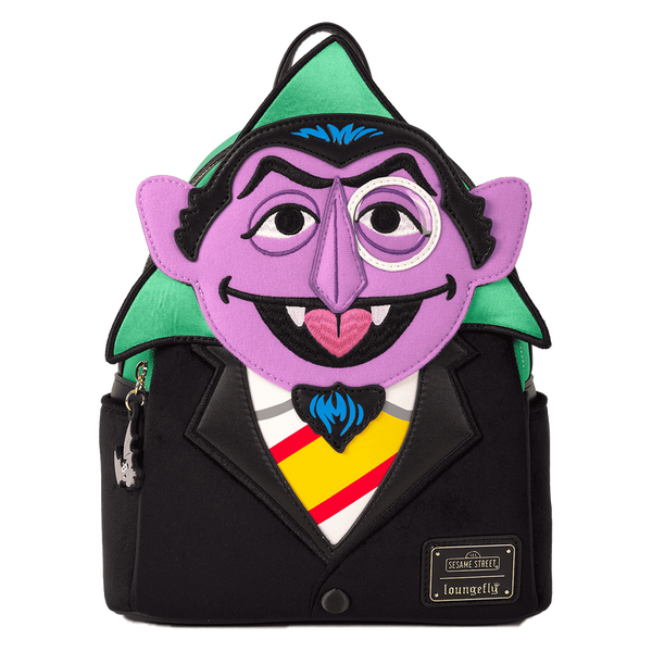 Front view of Loungefly Sesame Street Exclusive Count Von Count Cosplay Mini Backpack with character face design