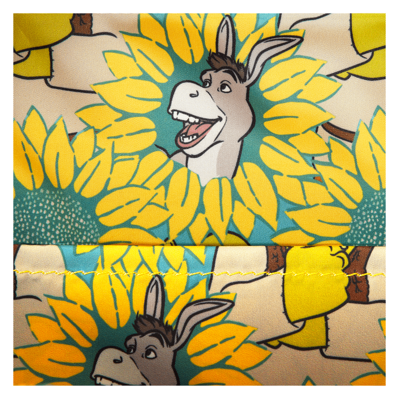 Crossbody purse depicting Shrek and Donkey in a sunny sunflower field scene

