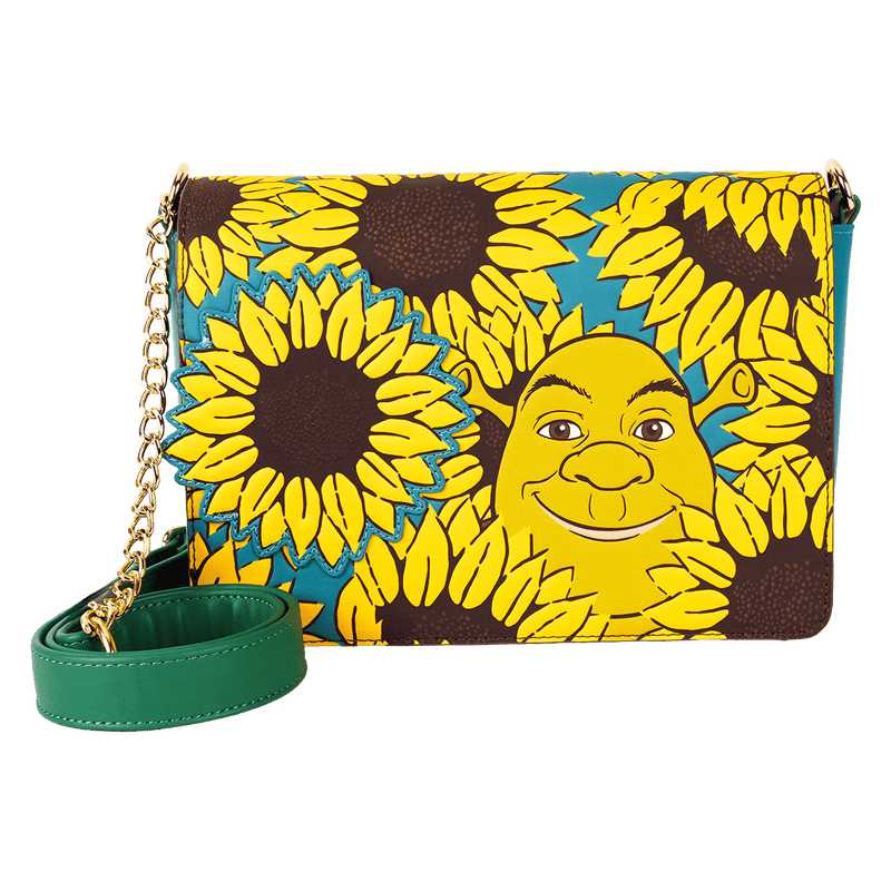 Loungefly crossbody bag featuring Shrek and Donkey in a bright sunflower field

