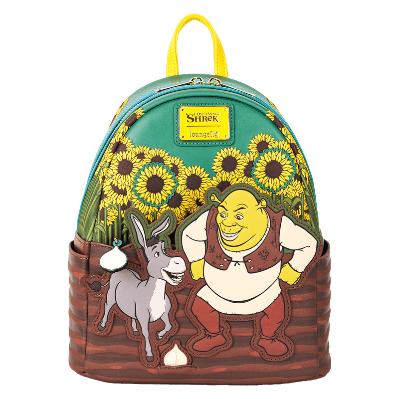 Loungefly mini backpack featuring Shrek and Donkey in a sunflower field

