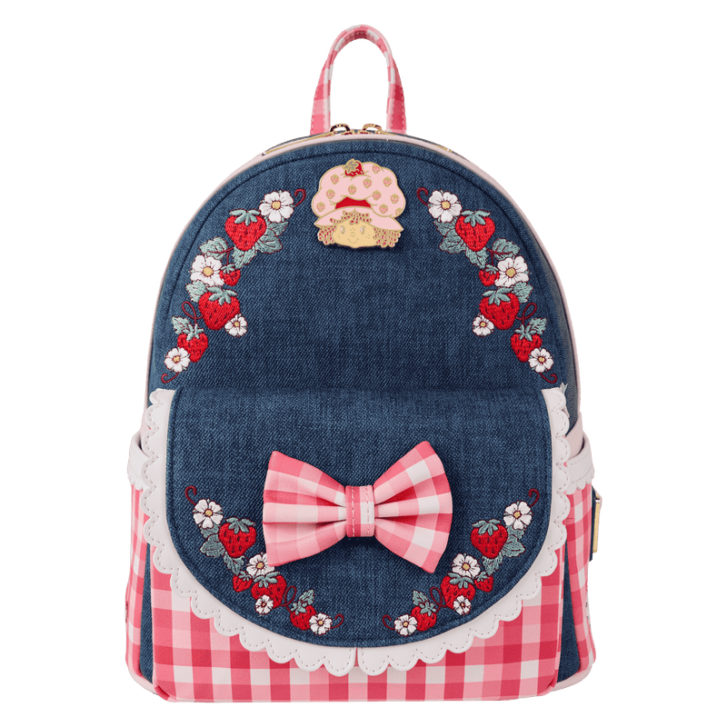 Mini backpack with denim base and pink gingham accents featuring Strawberry Shortcake

