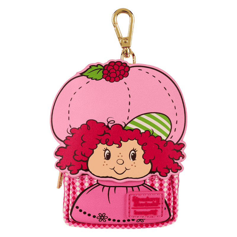 Pink character pouch with red hair and green hat on a white background