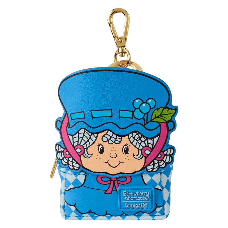 Strawberry Shortcake character keychain pouch with blue dress and pink hair on a white background