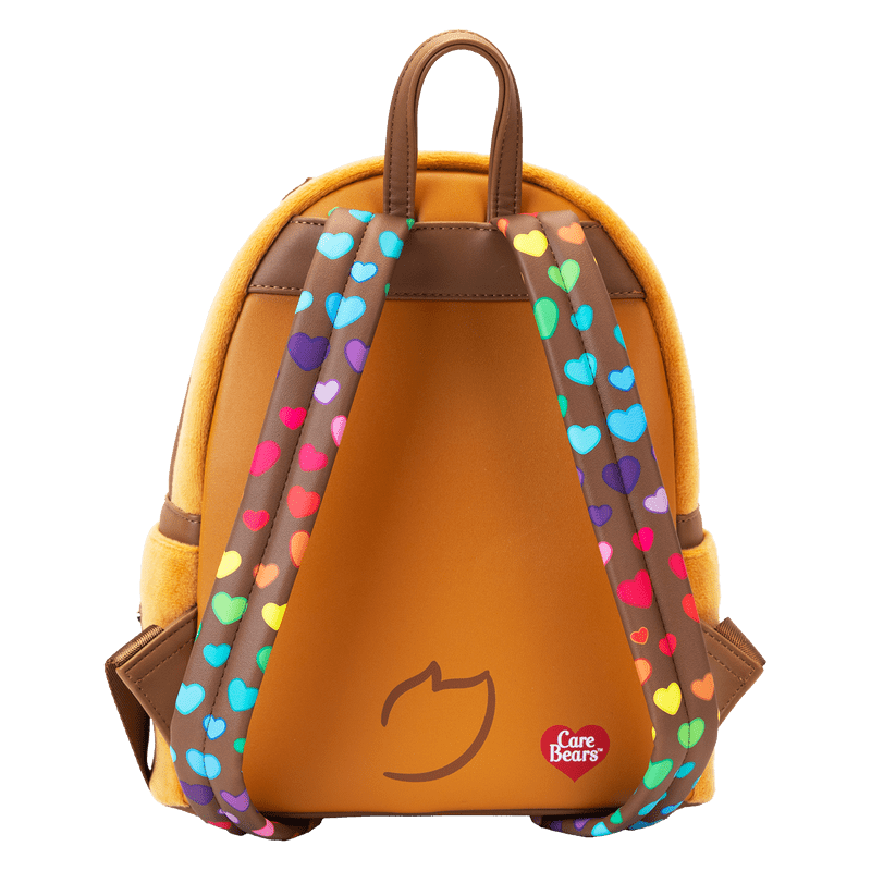 Side profile of Tenderheart Bear plush cosplay mini backpack highlighting adjustable straps