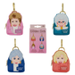 Four small bags with character faces from 'The Golden Girls' and a packaging box on a white background.