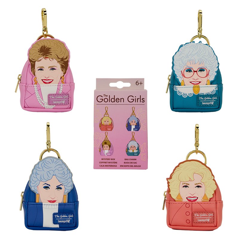 Four small bags with character faces from 'The Golden Girls' and a packaging box on a white background.