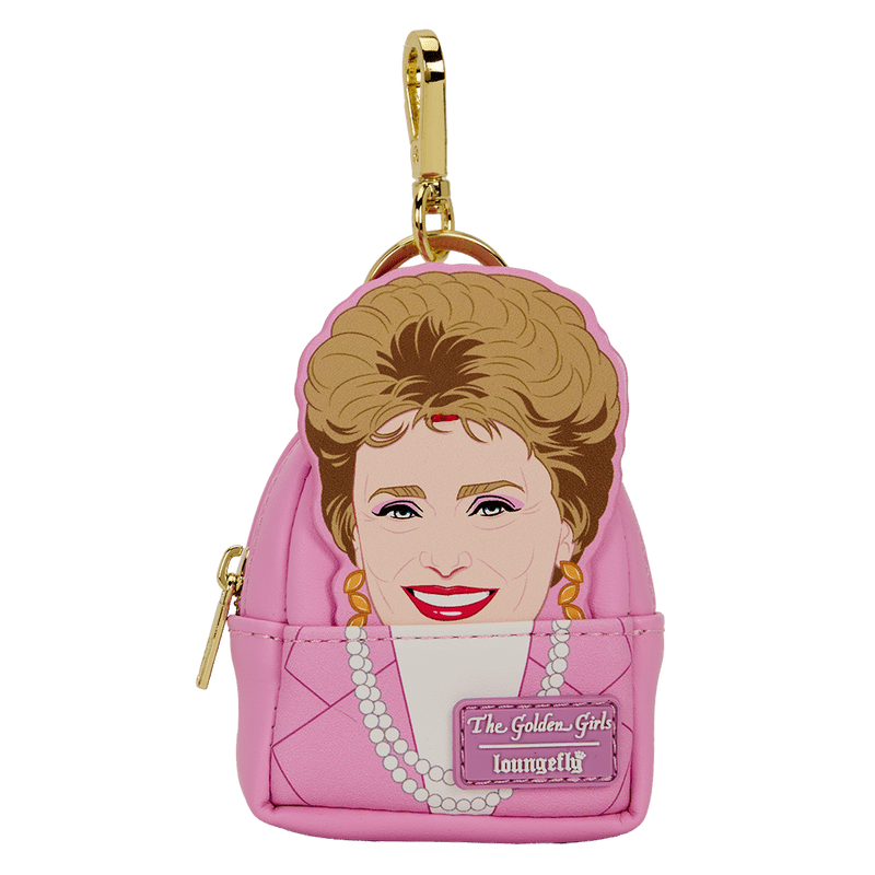 Pink backpack keychain with a face design and 'The Golden Girls' logo on a white background