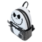 Side profile of Loungefly Jack Skellington sequin backpack highlighting adjustable straps and zipper pocket