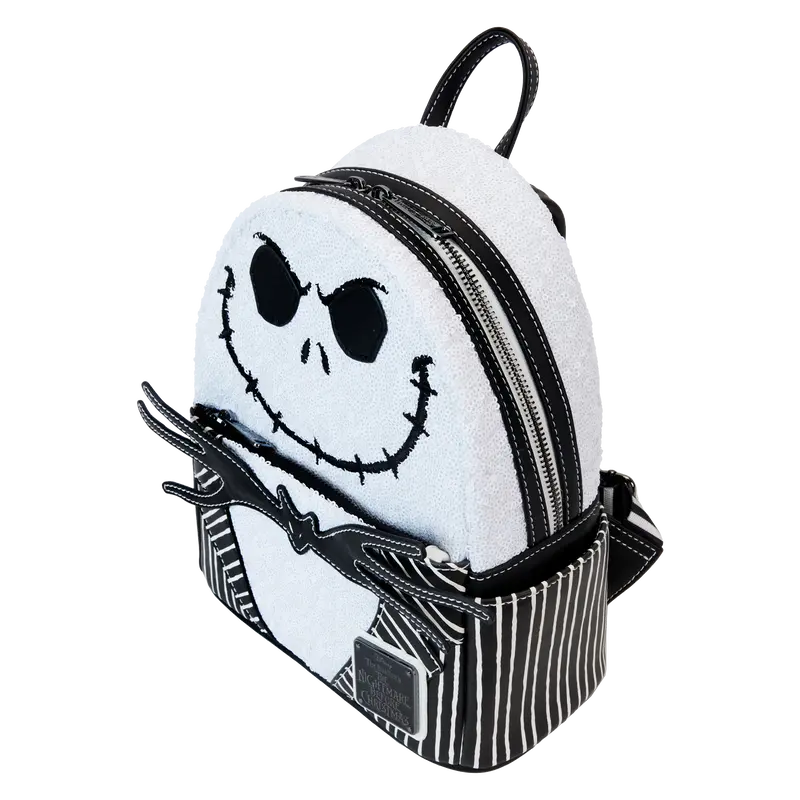 Side profile of Loungefly Jack Skellington sequin backpack highlighting adjustable straps and zipper pocket