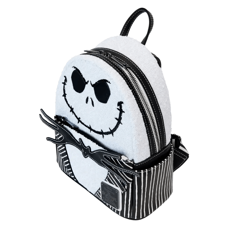 Side profile of Loungefly Jack Skellington sequin backpack highlighting adjustable straps and zipper pocket