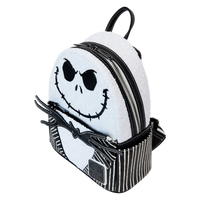 Side profile of Loungefly Jack Skellington sequin backpack highlighting adjustable straps and zipper pocket