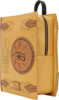 Yellow backpack with decorative patterns and an eye symbol on a white background