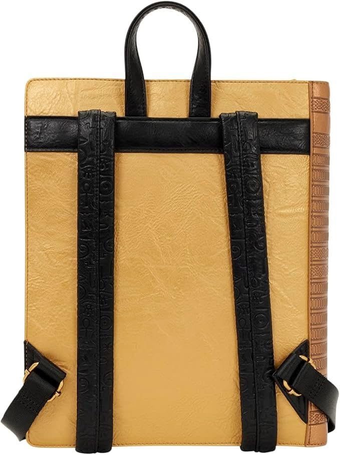 Tan leather bag with black straps on a white background