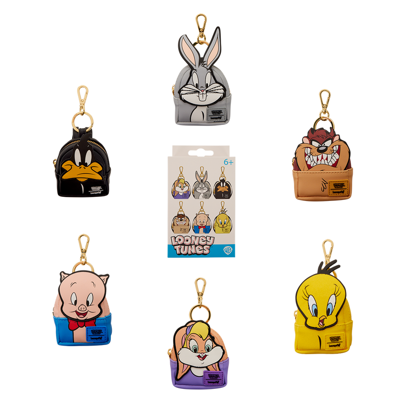Collection of Looney Tunes character keychains on a white background