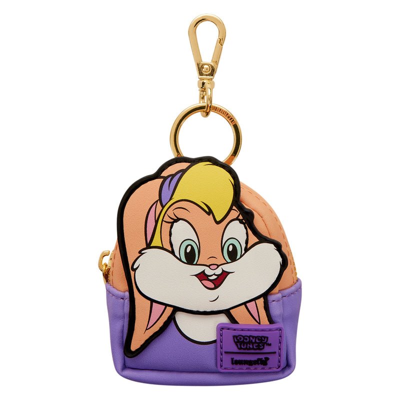 Keychain with cartoon character face on a purple pouch against a white background