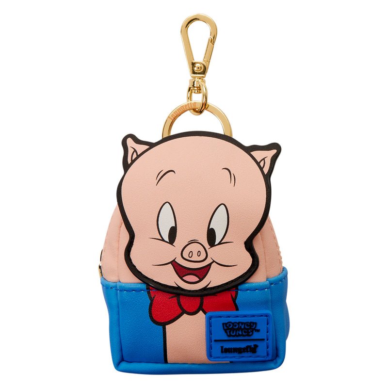 Cartoon pig character keychain with blue pants and red bow tie on a white background