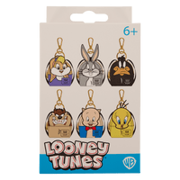 Packaging of Looney Tunes keychains with character illustrations on a beige background.