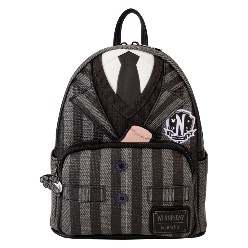 Front view of Loungefly Wednesday Nevermore Academy Uniform Cosplay Mini Backpack with striped blazer design