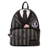 Front view of Loungefly Wednesday Nevermore Academy Uniform Cosplay Mini Backpack with striped blazer design