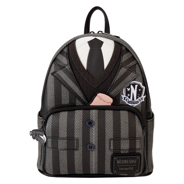 Front view of Loungefly Wednesday Nevermore Academy Uniform Cosplay Mini Backpack with striped blazer design