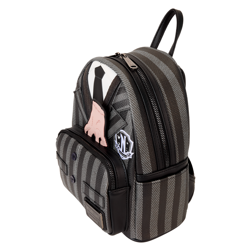 Side profile of Loungefly Wednesday cosplay backpack highlighting striped fabric pattern