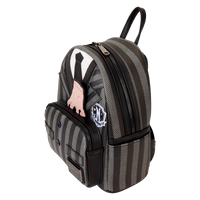 Side profile of Loungefly Wednesday cosplay backpack highlighting striped fabric pattern