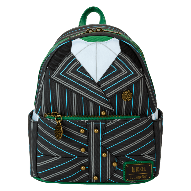 Loungefly Wicked Elphaba Shiz University Cosplay Mini Backpack with green detailing, featuring Elphaba's iconic Shiz University uniform design and subtle lightning bolt accents.