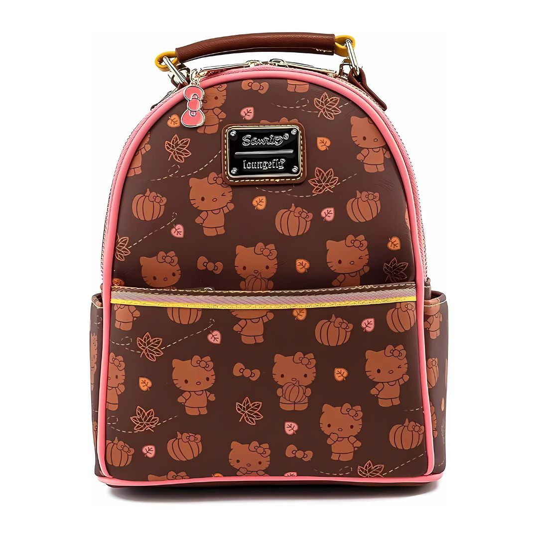 Backpack with Hello Kitty and pumpkin pattern on a white background