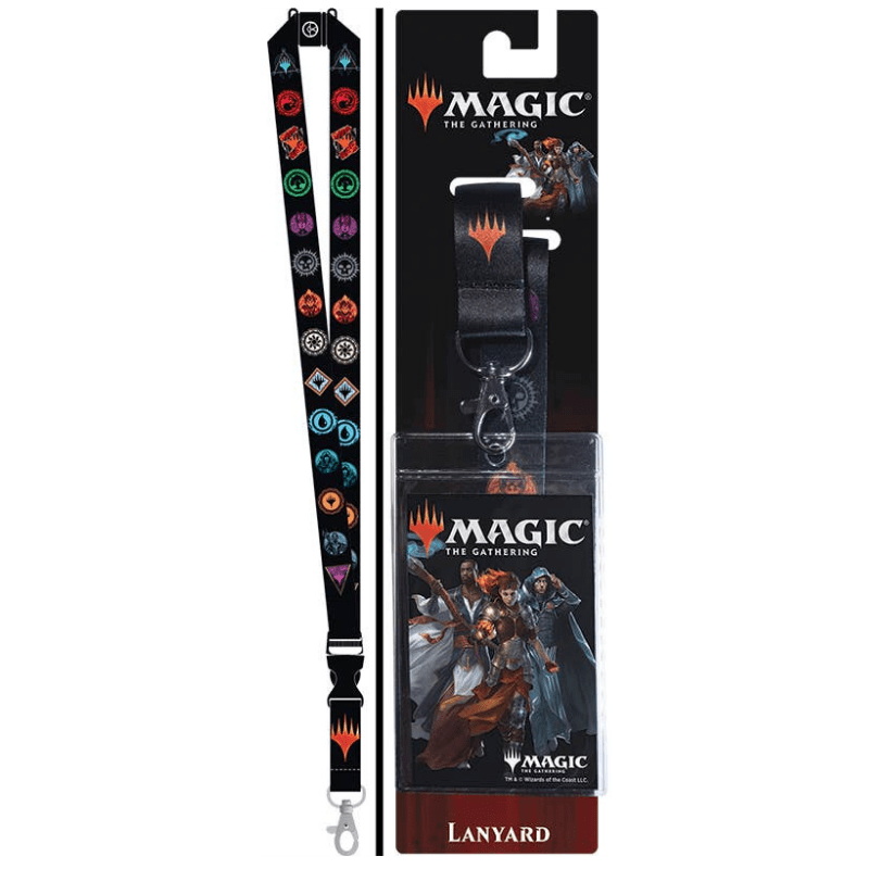 Magic: The Gathering lanyard with multicolored mana symbol patterns on a black strap, shown next to its retail packaging card.