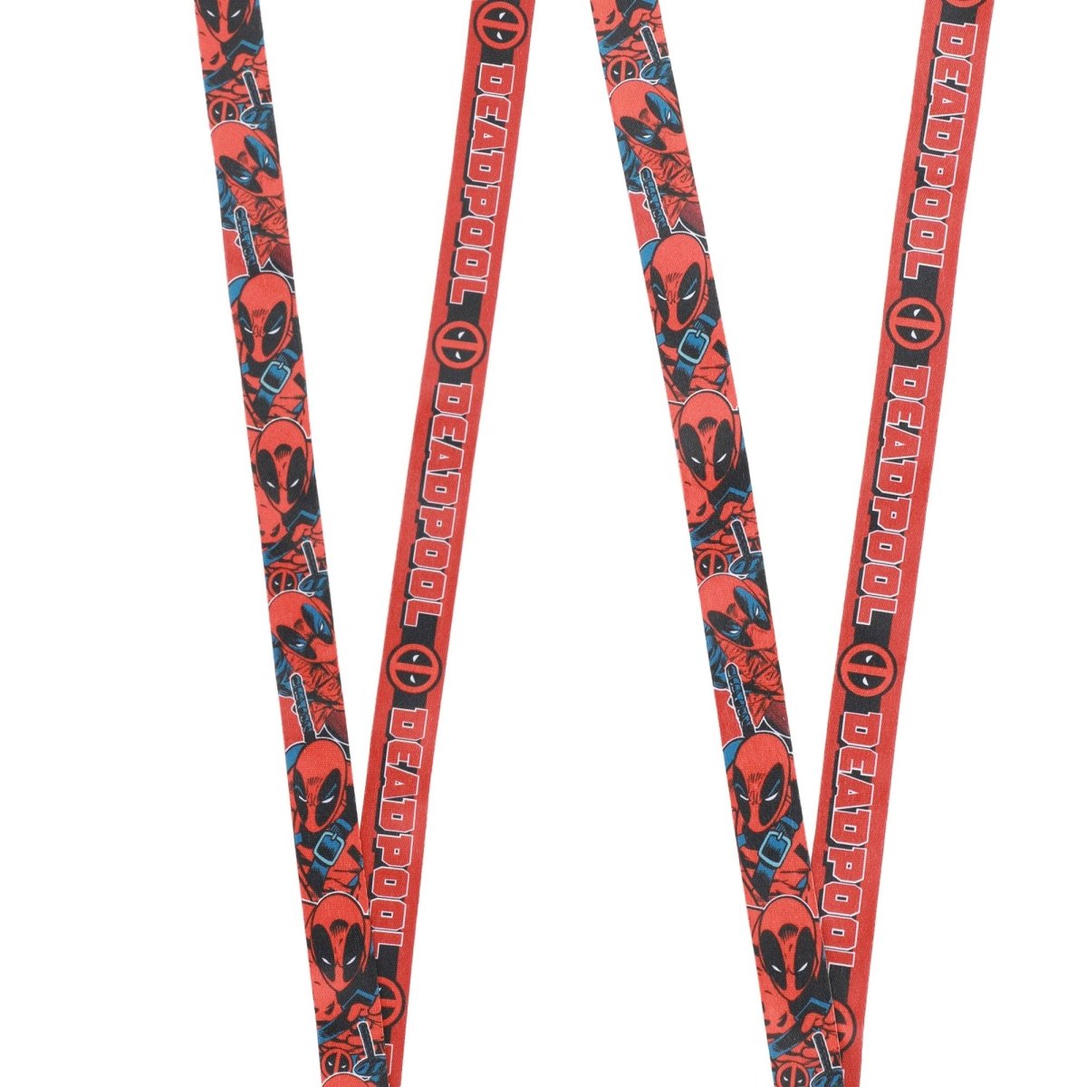 Deadpool-themed lanyard with red and black design on a white background