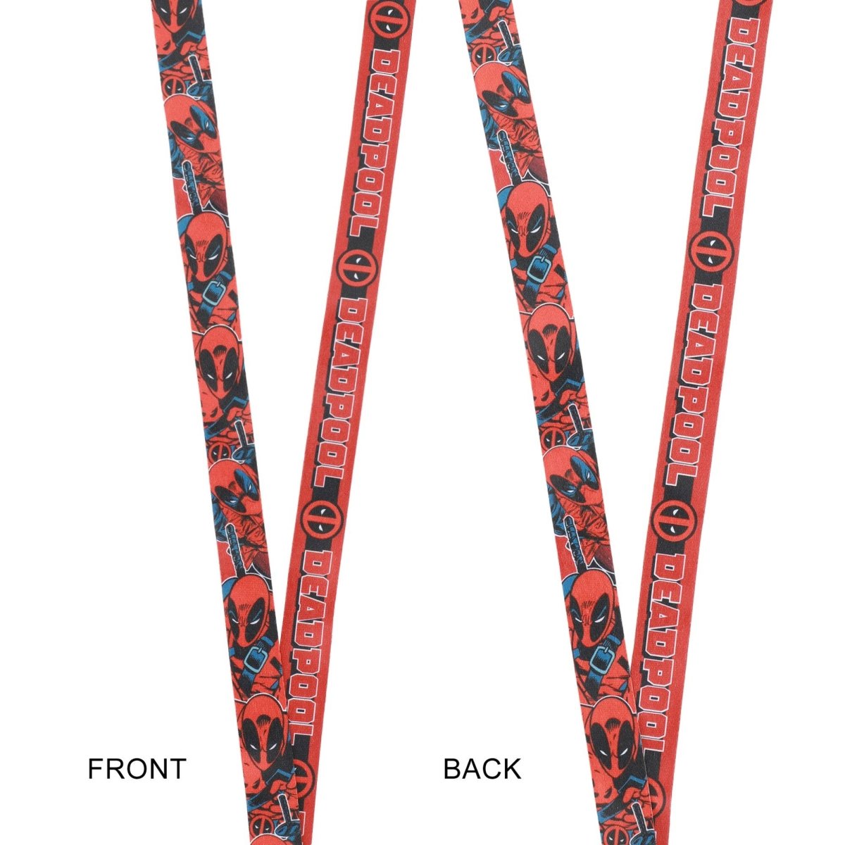 Deadpool-themed lanyard with front and back views on a white background