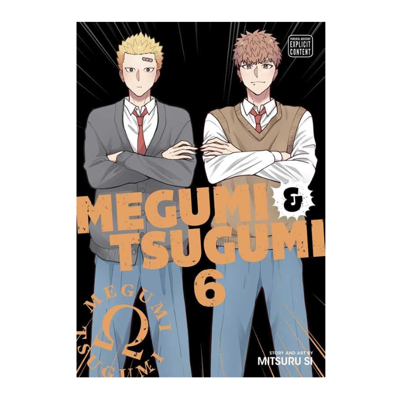 Front cover of the manga volume 'Megumi Tsugumi 6' by Mitsuru Si, featuring two anime-style male characters in school uniforms against a black background with orange title text.