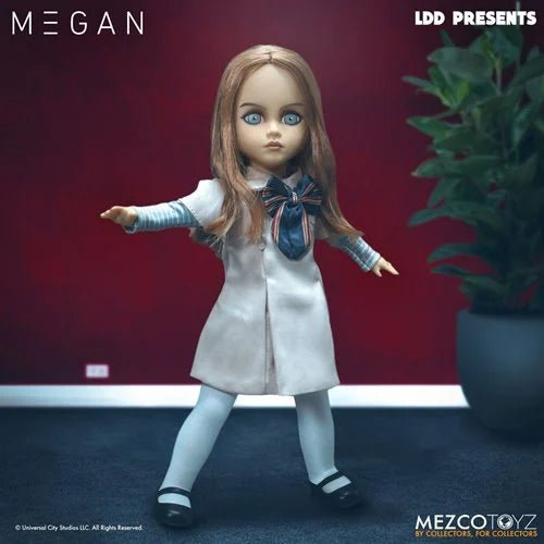Doll named Megan in a white coat with a red background, Mezco Toyz brand visible