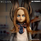 Doll with long brown hair and a striped bow tie, featuring the brand 'MEZCO TOYZ'.