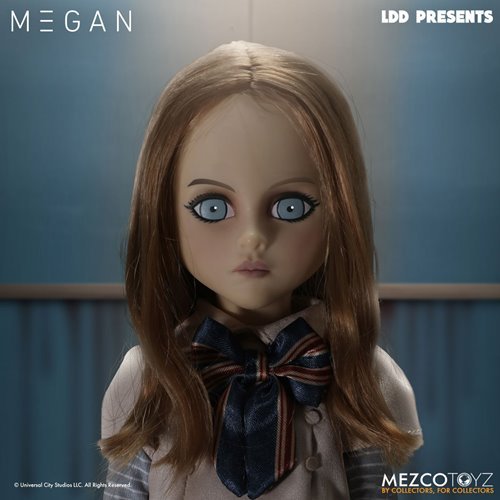 Mezco Toyz doll named Megan with a blue background