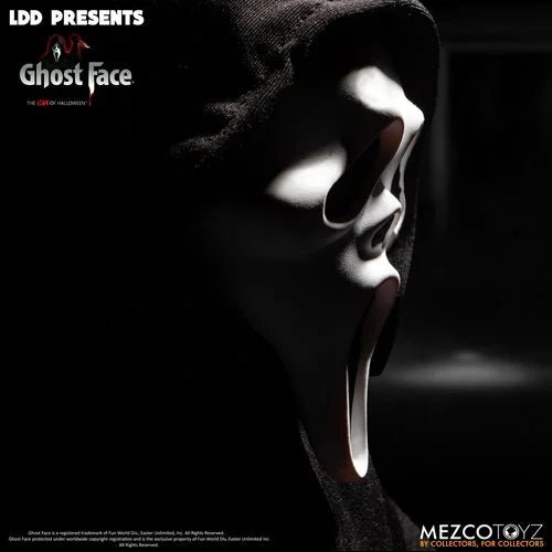 Ghost Face mask with dark hood and white face, Mezco Toyz branding.