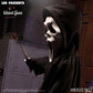 Figure in a dark hood and mask holding a knife, with 'LDD Presents Ghost Face' text and Mezco Toyz branding.