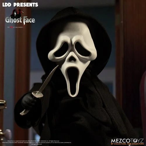 Character wearing a mask with a long spoon, holding a gun, with 'LDD Presents' and 'Ghost Face' branding.